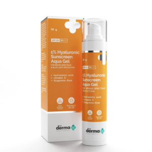 The Derma Co 1% Hyaluronic Sunscreen Aqua Gel SPF 50 PA++++ | For Oily, Dry, Acne-prone Skin | Ultra Lightweight Texture | Non-Greasy | No White Cast | Broad Spectrum Protection & Blue Light Protection | For Men & Women